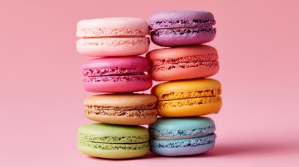 Fototapeta premium A stack of eight macarons in various colors including pink, purple, and green is arranged on a soft pink background. Each macaron displays a smooth texture and appealing design.