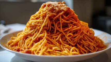 A large serving of spaghetti piled high on a white plate, topped with thick, flavorful tomato sauce, likely enjoyed in a relaxed atmosphere during a leisurely meal at home or in a restaurant.