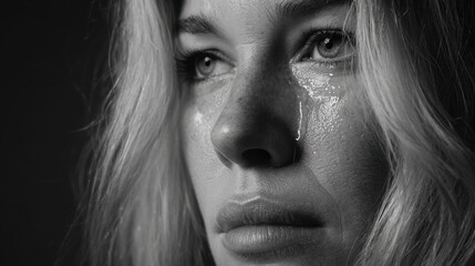 A woman gazes intensely, her face glistening with tears in a black and white setting, capturing a moment of raw emotion and vulnerability in her expression.