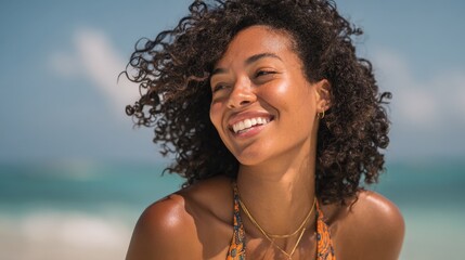 A young woman with curly hair smiles brightly while relaxing on the beach. The sun shines down, and the ocean waves roll in behind her as she enjoys a perfect summer day by the water.