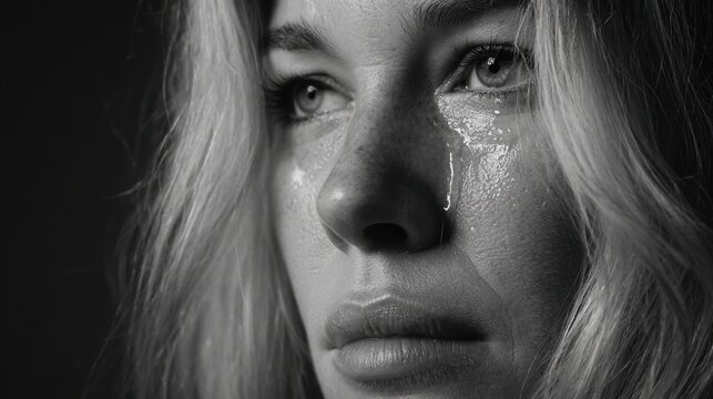 A woman gazes intensely, her face glistening with tears in a black and white setting, capturing a moment of raw emotion and vulnerability in her expression.