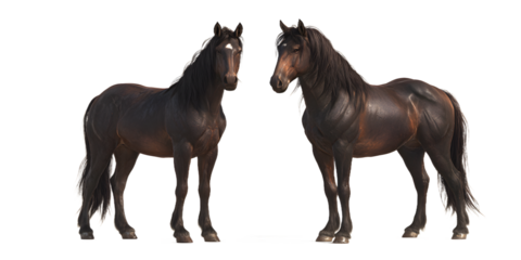 Two majestic dark brown horses stand facing each other, showcasing strength and elegance for equestrian themes or luxury branding
