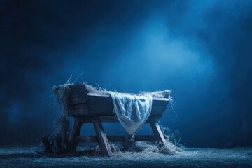 An empty manger sits in quiet anticipation, its rustic form bathed in the ethereal glow of a twilight scene.  A symbol of hope, peace. ..Created with Generative AI, not depicting real subjects.