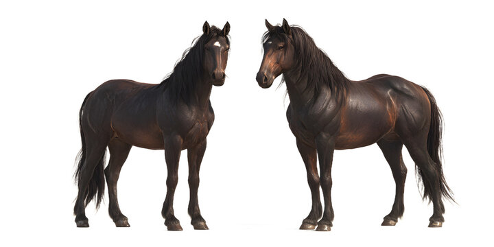Two majestic dark brown horses stand facing each other, showcasing strength and elegance for equestrian themes or luxury branding