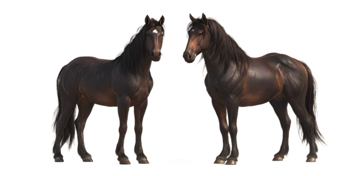 Two majestic dark brown horses stand facing each other, showcasing strength and elegance for equestrian themes or luxury branding