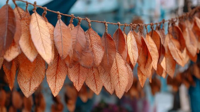 Dried leaves are suspended in a row, highlighting their delicate structure and earthy tones. The image captures the beauty of autumn and nature inspired decor in a serene outdoor setting