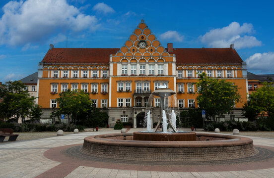 Town hall on square with fountain in Tesin, Czech Republic