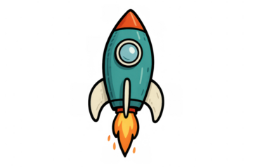 Rocket launching cartoon illustration representing a startup concept, progress, and future technology with transparent background