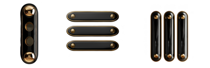 Collection of three black and gold abstract shapes, including a vertical bar with three circles, three horizontal bars, and three vertical bars, isolated on transparent background