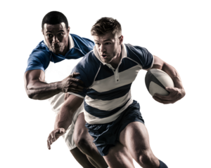 Dynamic rugby players in action, sprinting with determination and focus during a competitive game, showcasing teamwork and sportsmanship