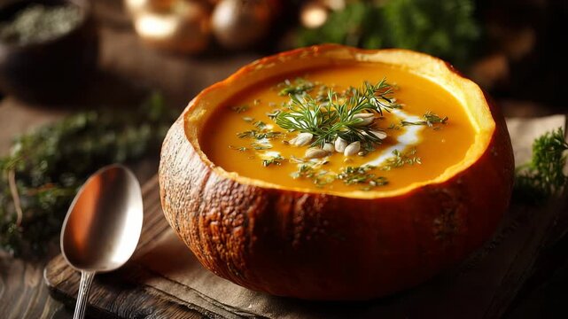 A vibrant pumpkin soup is beautifully presented inside a hollowed pumpkin, topped with cream, seeds, and fresh dill. The scene radiates warmth, perfect for fall and Thanksgiving inspiration