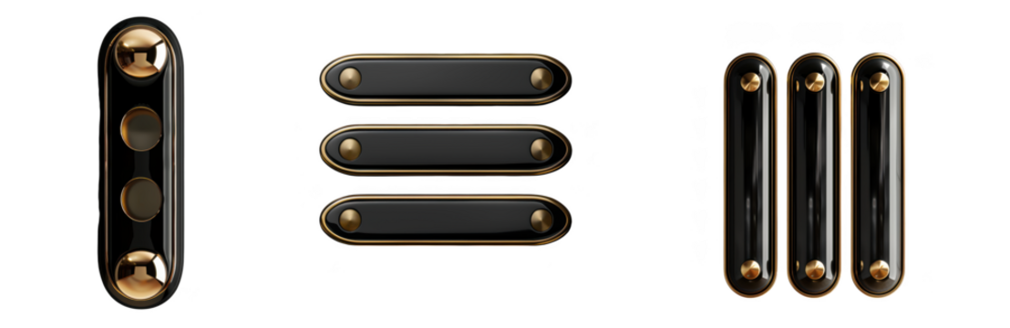 Collection of three black and gold abstract shapes, including a vertical bar with three circles, three horizontal bars, and three vertical bars, isolated on transparent background - Powered by Adobe