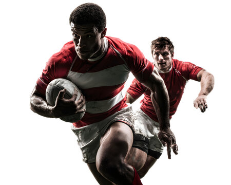 Dynamic rugby players in action, sprinting with determination and focus, perfect for sports advertising and team branding