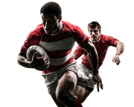 Dynamic rugby players in action, sprinting with determination and focus, perfect for sports advertising and team branding