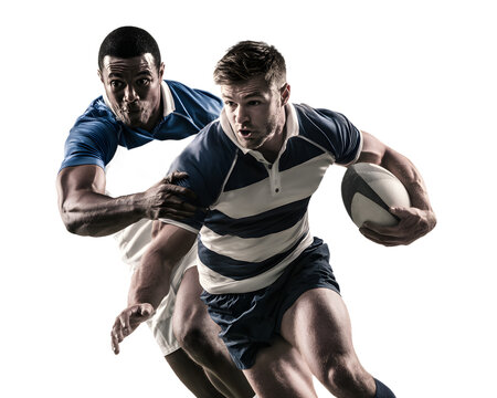 Dynamic rugby players in action, sprinting with determination and focus during a competitive game, showcasing teamwork and sportsmanship