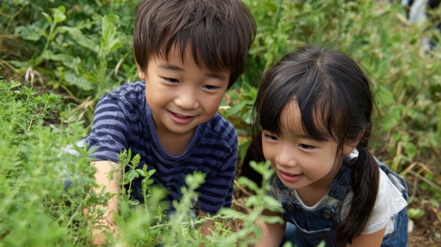 Two children smile as they explore a community garden. They are planting seeds and learning about nature together while enjoying a sunny day outdoors.