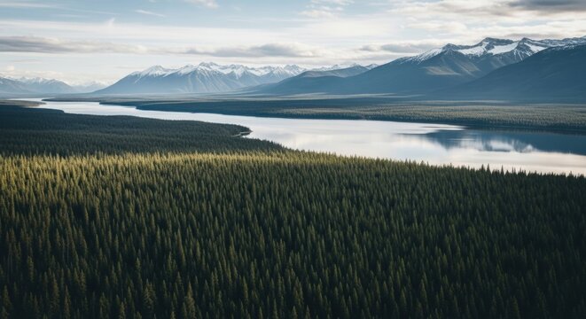 Expansive aerial view of a pristine wilderness valley. Dense evergreen forest and a tranquil river. Snow capped mountain range on the horizon. Concept for travel and environmental conservation