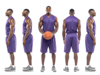 Confident basketball player in purple uniform with ball, ready for action, showcasing athletic physique and determination for sports, fitness, and team imagery