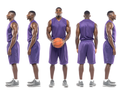 Confident basketball player in purple uniform with ball, ready for action, showcasing athletic physique and determination for sports, fitness, and team imagery