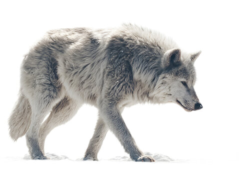 Majestic white wolf walking confidently in the snow, a symbol of strength, resilience, and the untamed wilderness, perfect for nature themes