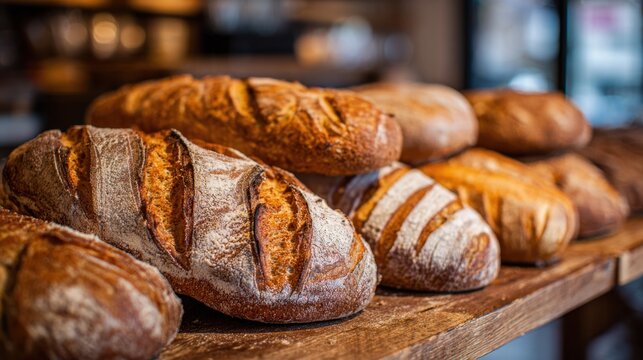 A variety of freshly baked bread loaves rest on a wooden table in a cozy bakery. The warm, inviting atmosphere enhances the rich, comforting aroma of the bread.