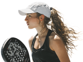 Dynamic female athlete poised to play padel, showcasing determination and athleticism, ready for competition with racket in hand