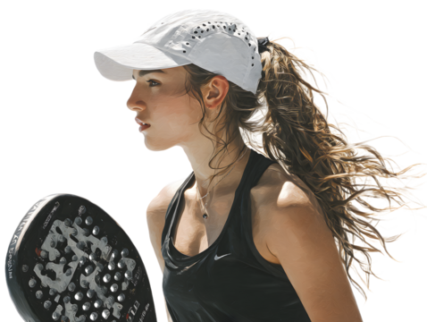 Dynamic female athlete poised to play padel, showcasing determination and athleticism, ready for competition with racket in hand