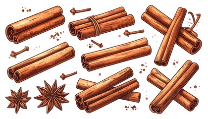 Assortment of cinnamon sticks, star anise, and cloves on white