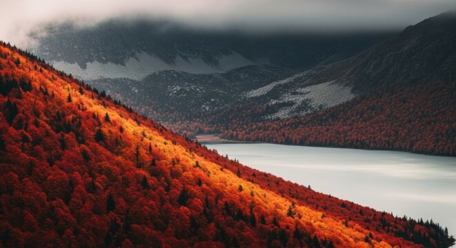 Aerial view of a colorful autumn forest on a mountain slope. Rich red and orange trees contrasting with a calm lake. Distant snowy peaks under a dramatic overcast sky. Wilderness travel destination
