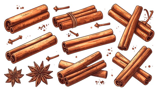Assortment of cinnamon sticks, star anise, and cloves on white