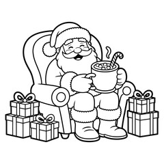 Jolly Santa Claus with Hot Chocolate Coloring Page 
 Black and White Outline