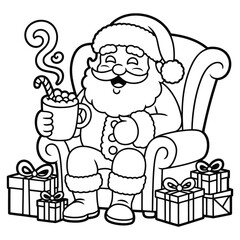 Jolly Santa Claus with Hot Chocolate Coloring Page 
 Black and White Outline