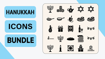 Hanukkah Glyph Icons Bundle  Jewish Festival of Lights Symbols Set
