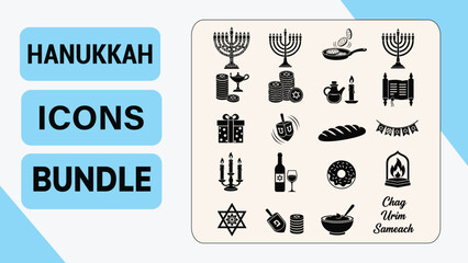 Hanukkah Glyph Icons Bundle  Jewish Festival of Lights Symbols Set