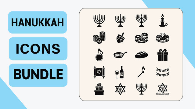 Hanukkah Glyph Icons Bundle  Jewish Festival of Lights Symbols Set