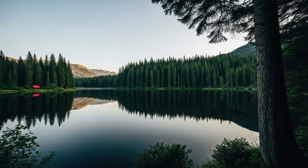 Obraz premium Tranquil mountain lake with a perfect reflection of a pine forest. Small red cabin on the remote shoreline. Wilderness travel destination for outdoor adventure and exploration