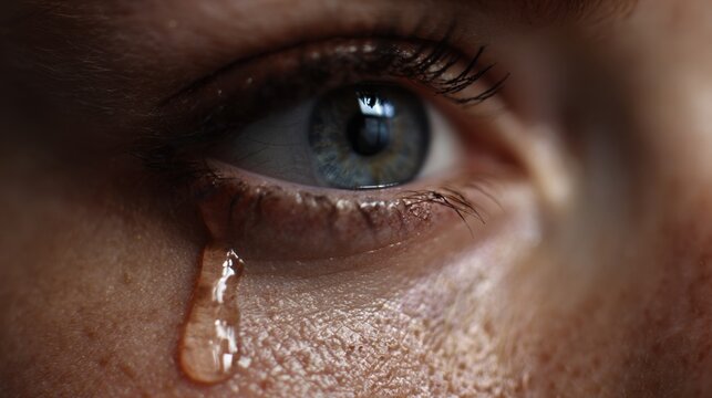 An emotional close-up captures a human eye with a tear cascading down the cheek. The scene reflects vulnerability and intimate feelings, emphasizing the connection to deep emotions.