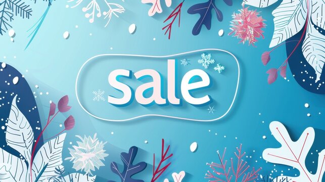 Blue winter sale banner with snowflakes and frosty leaves on a light blue background, seasonal discount concept.