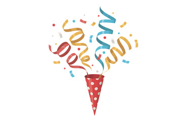 A party popper explodes with colorful confetti and streamers in celebration.