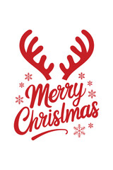 Merry christmas text with red reindeer antlers and snowflake decoration, isolated on white background, christmas concept, vector illustration