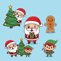 Cute Santa Claus and Elf Characters Decorating Christmas Tree and Holding Gifts