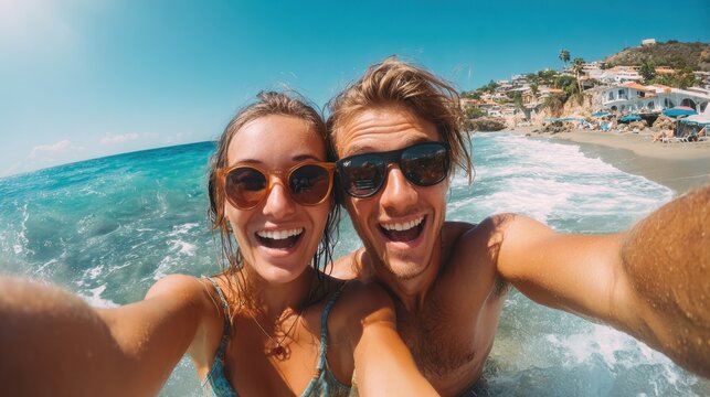 A cheerful couple smiles and poses for a selfie in the ocean. They are surrounded by sunlit waves and sandy beach, enjoying a vibrant summer day by the coast. - Powered by Adobe