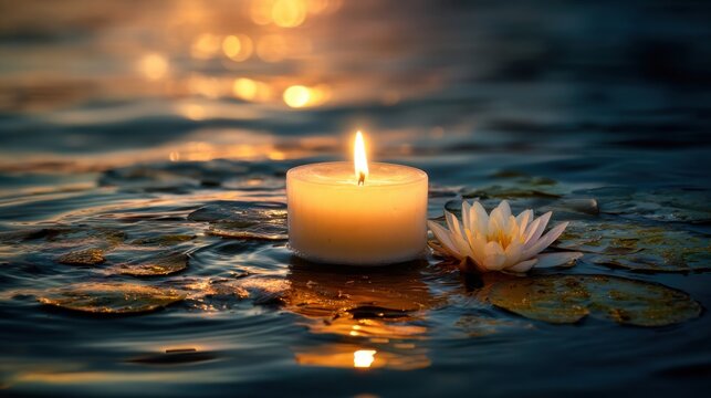 A serene scene features a lit candle floating on water among lily pads and flowers. The soft glow illuminates the surroundings, creating a tranquil evening atmosphere.