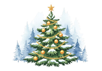 Fototapeta premium Watercolor christmas tree with golden ornaments and snow isolated on transparent background