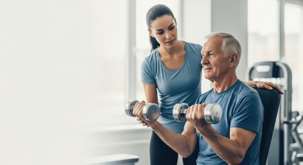 Senior man exercising with dumbbells assisted by trainer indoors