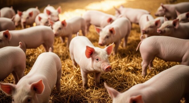 Group of young piglets on a traditional farm. Livestock breeding for the pork industry. Sustainable agriculture and organic meat production concept. Domestic swine in a straw pen
