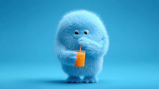 Cute blue fuzzy monster drinking orange juice with a straw, character enjoying a refreshing drink concept for animation and children media