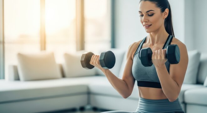 Woman lifting dumbbells during home fitness workout