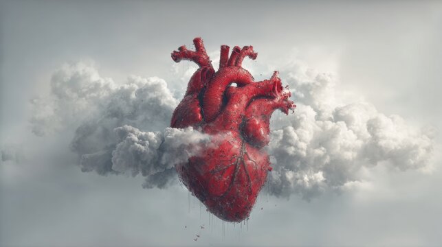 A vibrant red heart emerges from dense clouds in the sky, symbolizing love and creativity. The scene captures a dreamlike atmosphere, blending emotions and artistry.