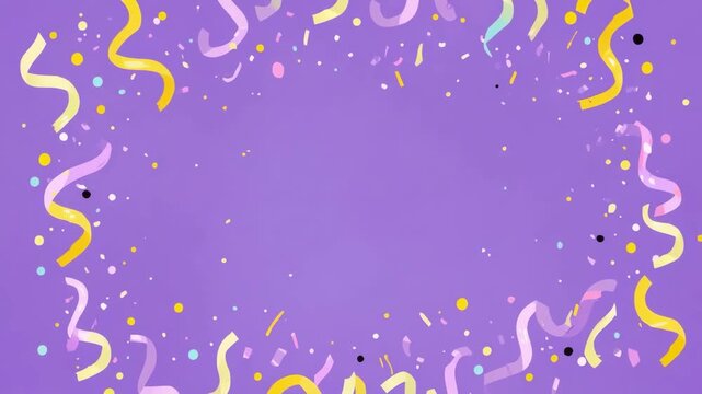 Vibrant purple celebration background with colorful streamers and confetti